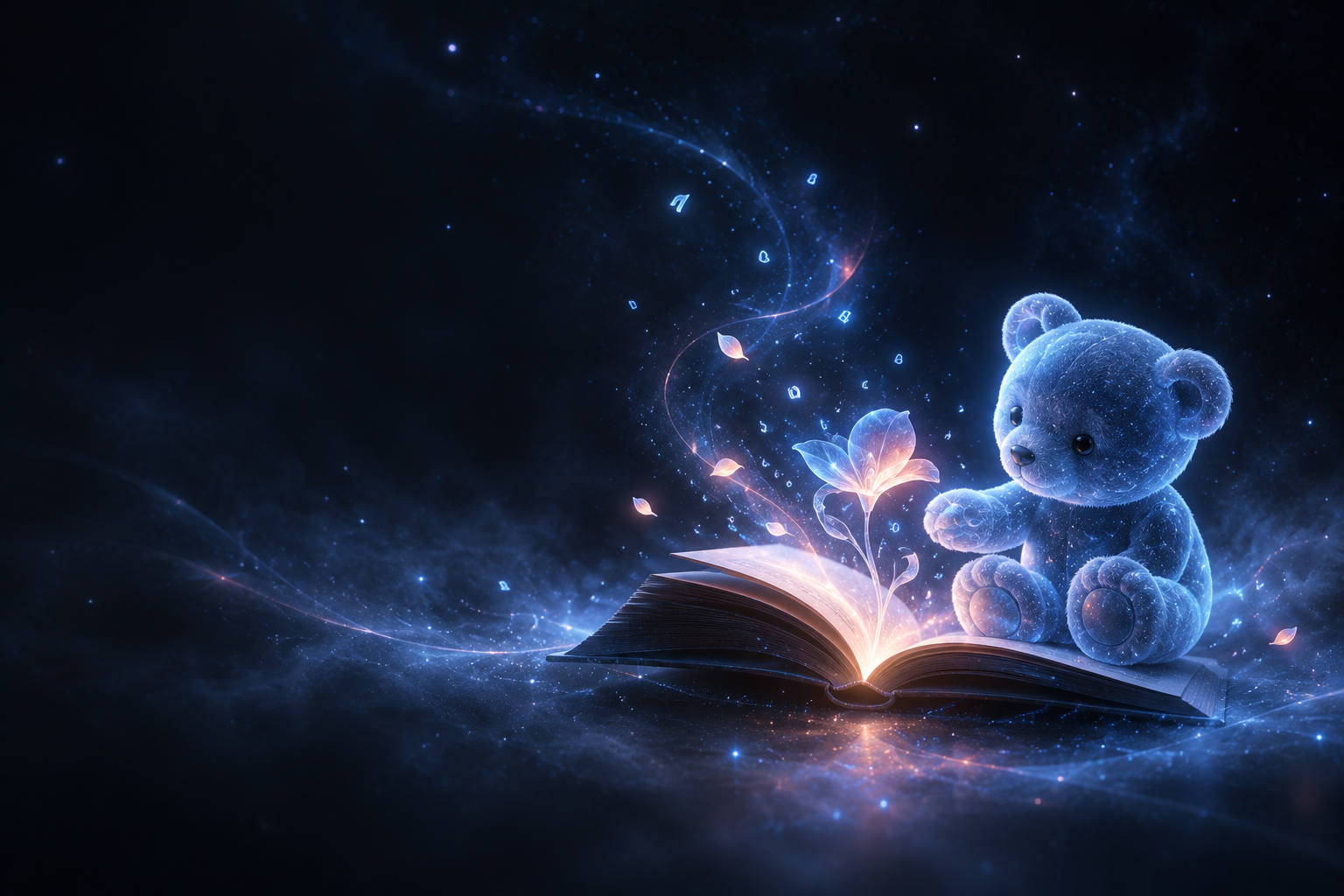 Світлий ведмедик біля магічної книги, з якої виростає квітка
